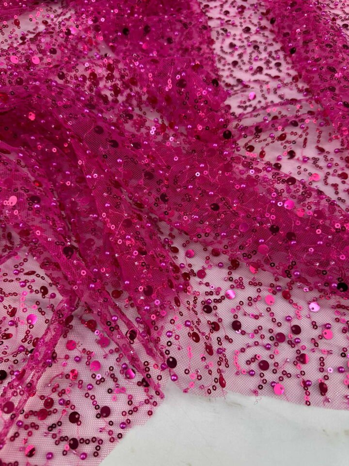 Fuşya Pempe Analı Kız Boncuklu Abiye Kumaşı