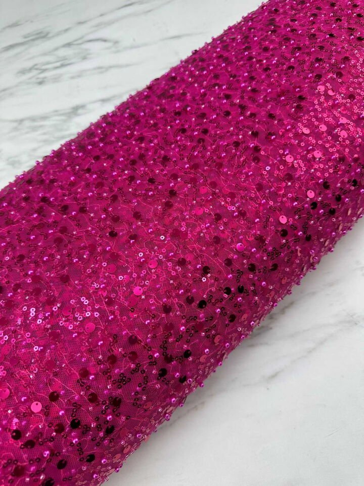 Fuşya Pempe Analı Kız Boncuklu Abiye Kumaşı