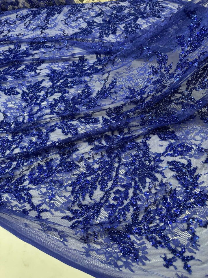 Fantazi Saks Mavi Fıransız Güpür Üstü Yogun Taş İşleme