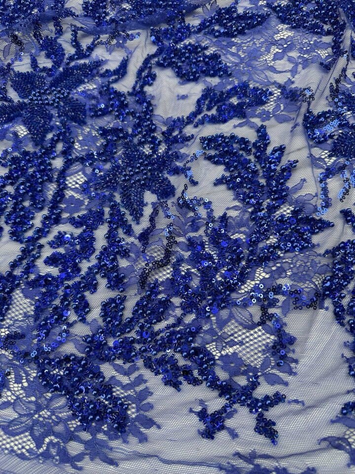 Fantazi Saks Mavi Fıransız Güpür Üstü Yogun Taş İşleme