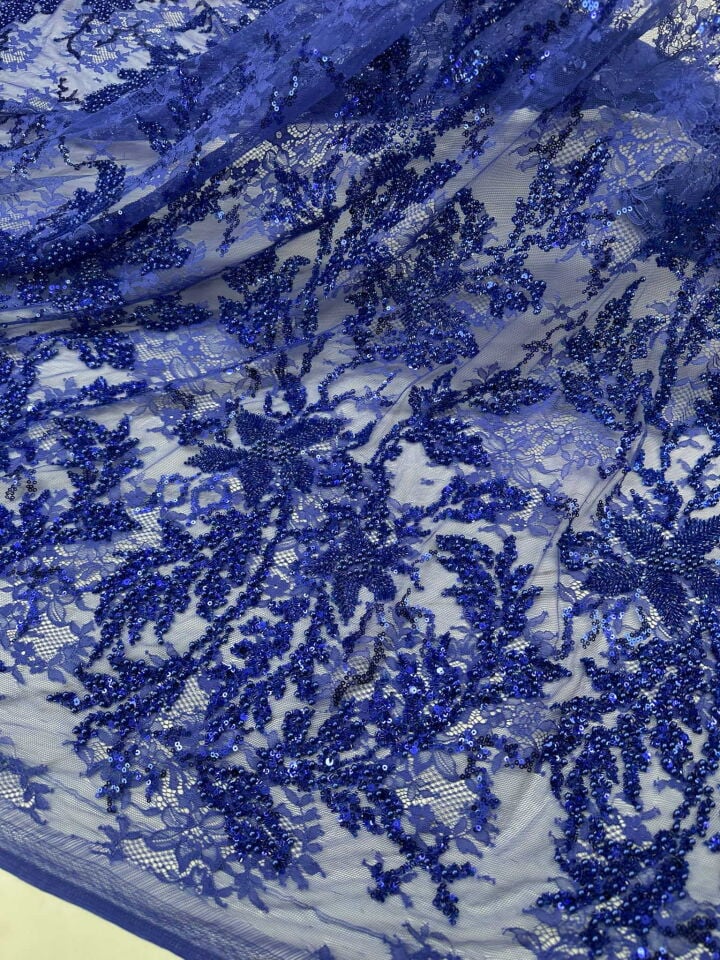 Fantazi Saks Mavi Fıransız Güpür Üstü Yogun Taş İşleme