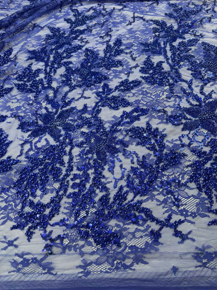 Fantazi Saks Mavi Fıransız Güpür Üstü Yogun Taş İşleme