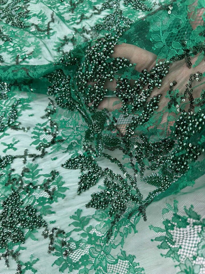 Fantazi Yeşl Renk Fıransız Güpür Üstü Yogun Taş İşleme Dantel