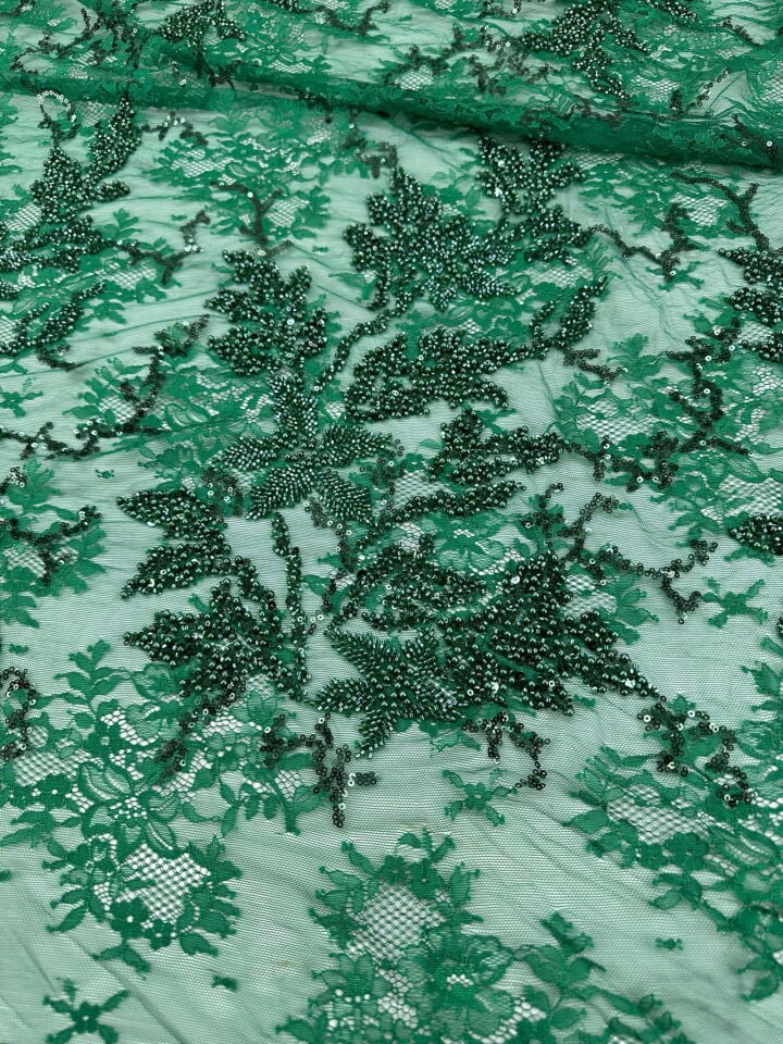 Fantazi Yeşl Renk Fıransız Güpür Üstü Yogun Taş İşleme Dantel