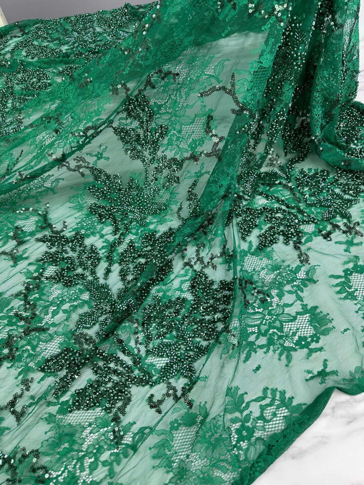 Fantazi Yeşl Renk Fıransız Güpür Üstü Yogun Taş İşleme Dantel