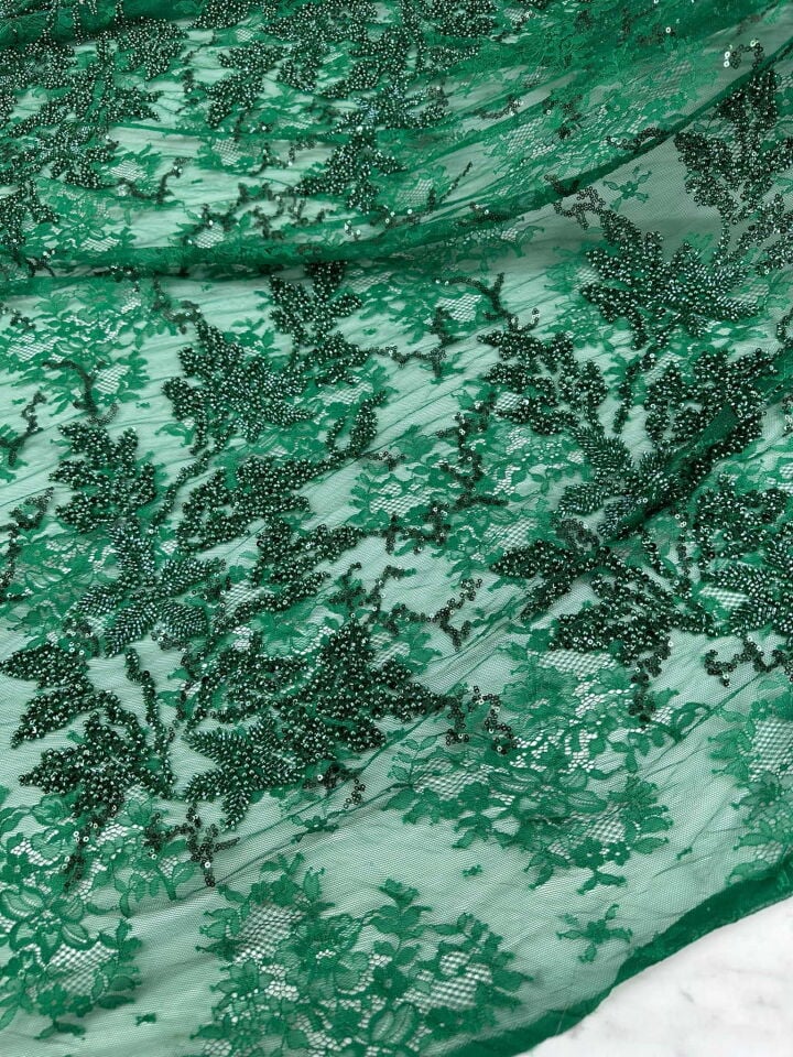 Fantazi Yeşl Renk Fıransız Güpür Üstü Yogun Taş İşleme Dantel