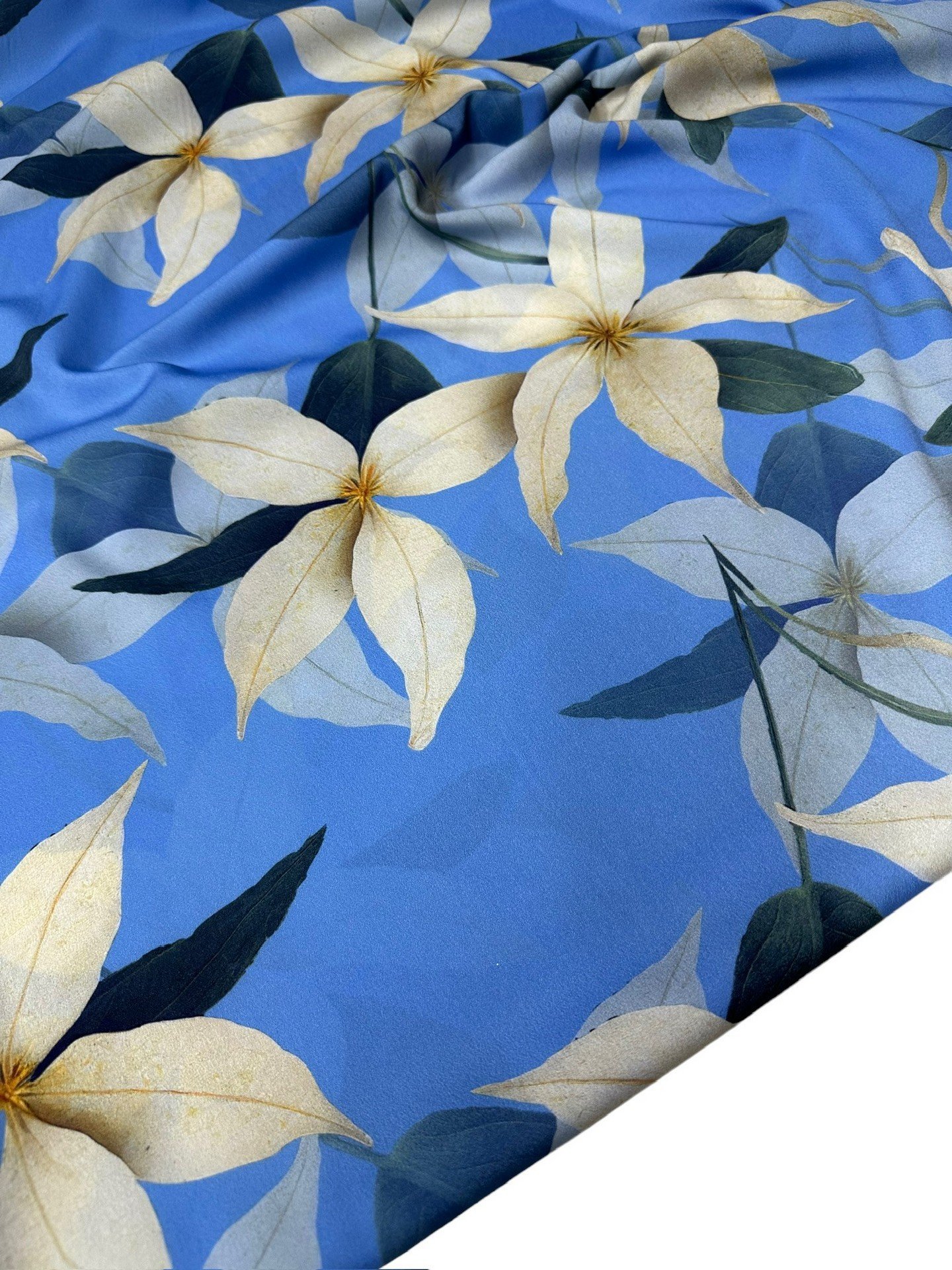 Mavi Lilyum Desen Elbiselik Gömleklik Krep Kumaş