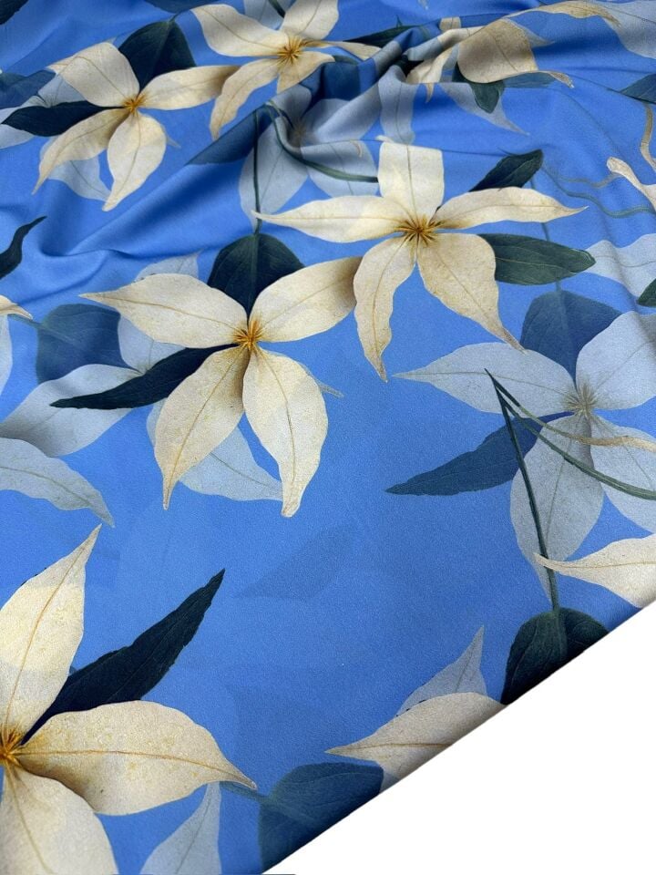 Mavi Lilyum Desen Elbiselik Gömleklik Krep Kumaş