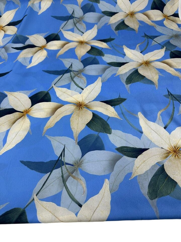 Mavi Lilyum Desen Elbiselik Gömleklik Krep Kumaş