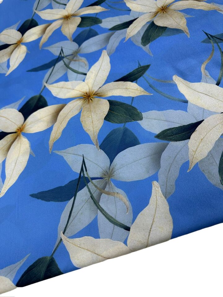 Mavi Lilyum Desen Elbiselik Gömleklik Krep Kumaş