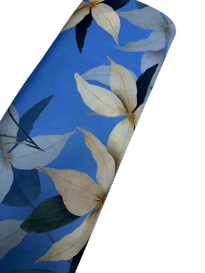 Mavi Lilyum Desen Elbiselik Gömleklik Krep Kumaş