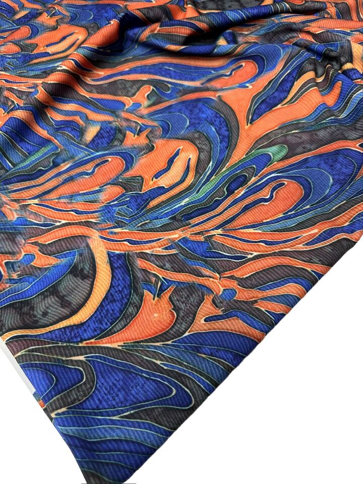 Mavi Dalga Desen Elbiselik Gömleklik Krep Kumaş