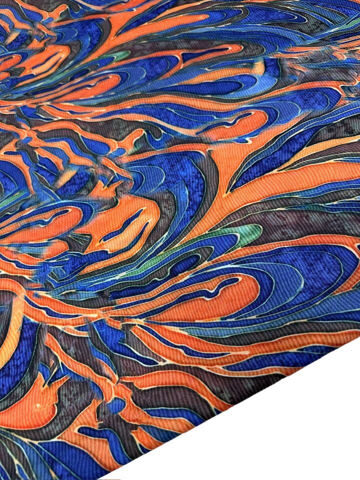 Mavi Dalga Desen Elbiselik Gömleklik Krep Kumaş