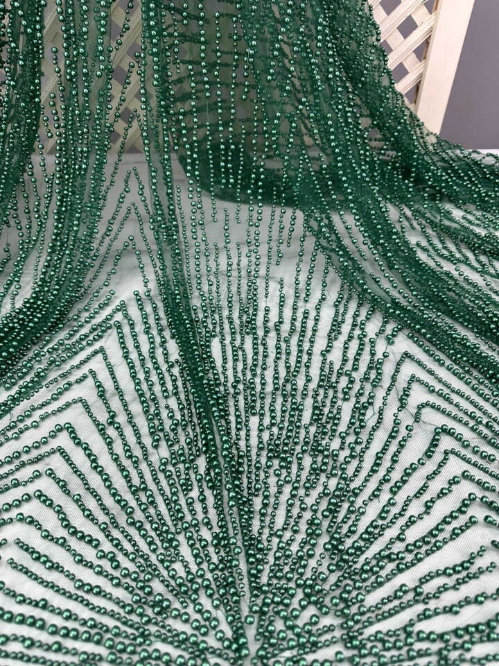 Yeşil Renk Agır Boncuklu Abiye Tül Kumaş