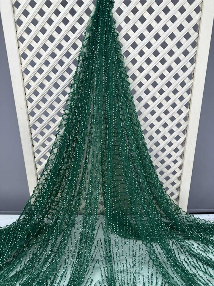 Yeşil Renk Agır Boncuklu Abiye Tül Kumaş