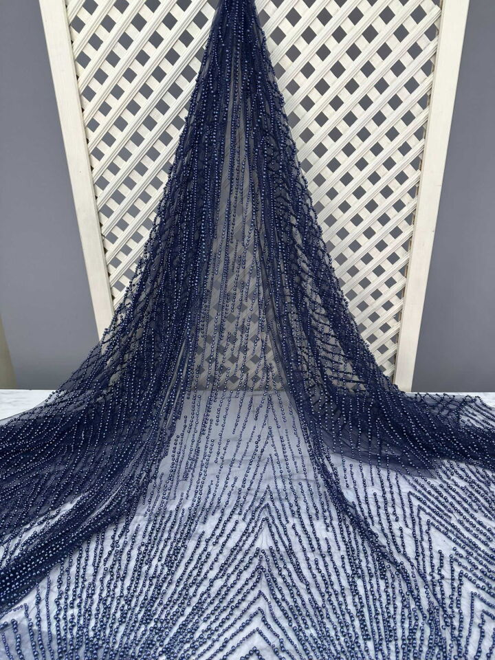 Lacivert Agır Boncuklu Abiyelik Tül