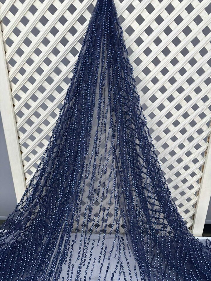 Lacivert Agır Boncuklu Abiyelik Tül