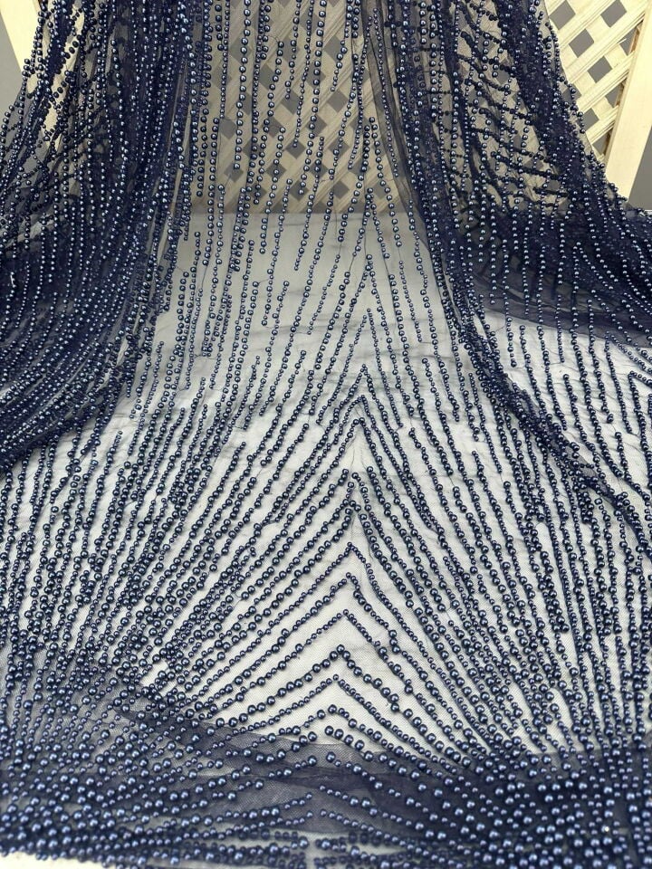 Lacivert Agır Boncuklu Abiyelik Tül