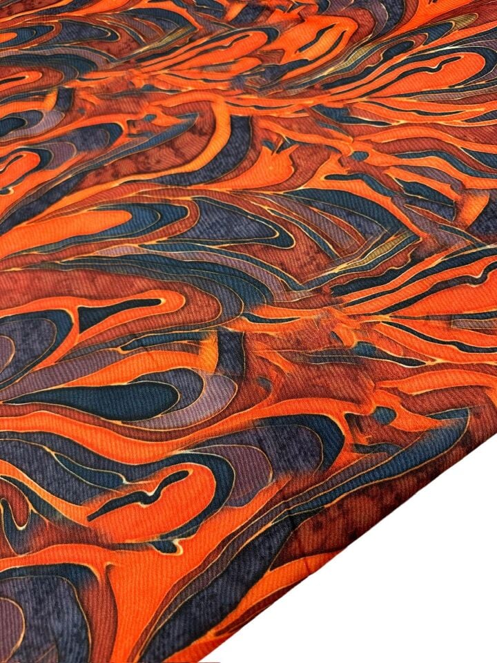 Turuncu Dalga Desen Elbiselik Gömleklik Krep Kumaş