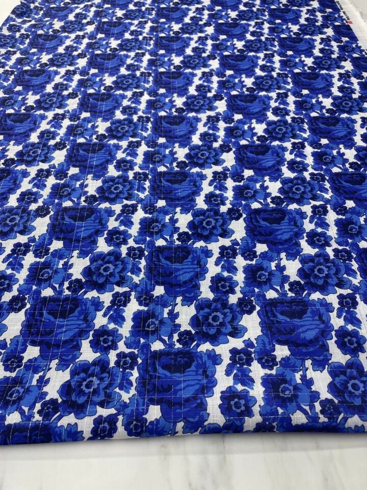 Altın Simli Mavi Gulja Gülü Desen Elbiselik Keten Kumaş