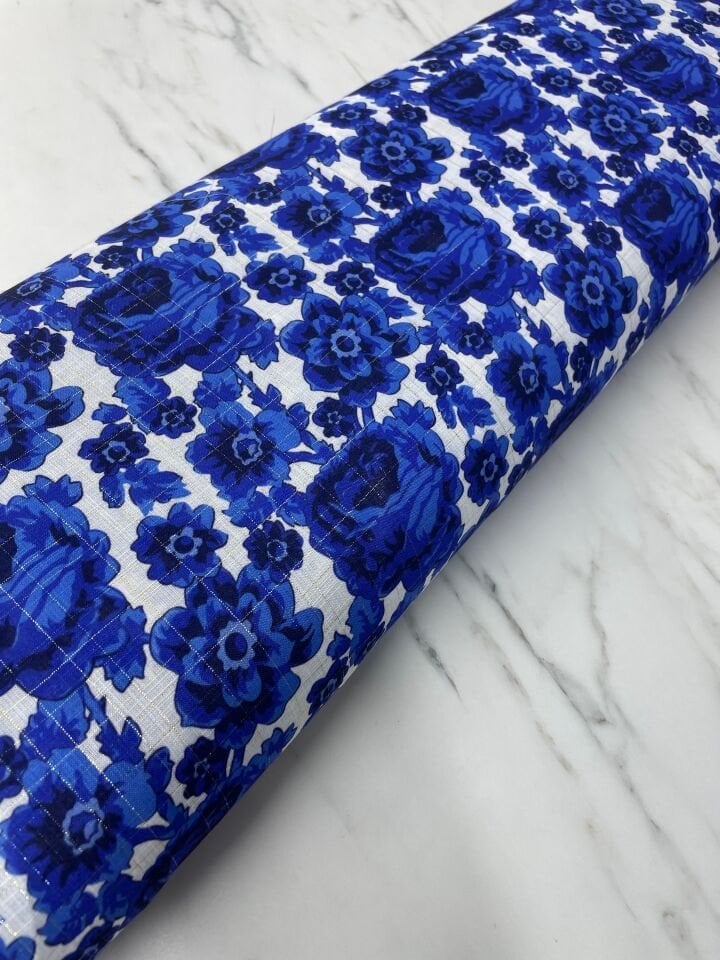 Altın Simli Mavi Gulja Gülü Desen Elbiselik Keten Kumaş