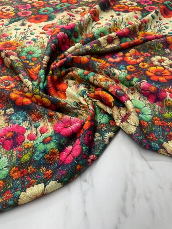 Altın Simli Gülbahçesi Elbiselik Ceketlik Keten Kumaş