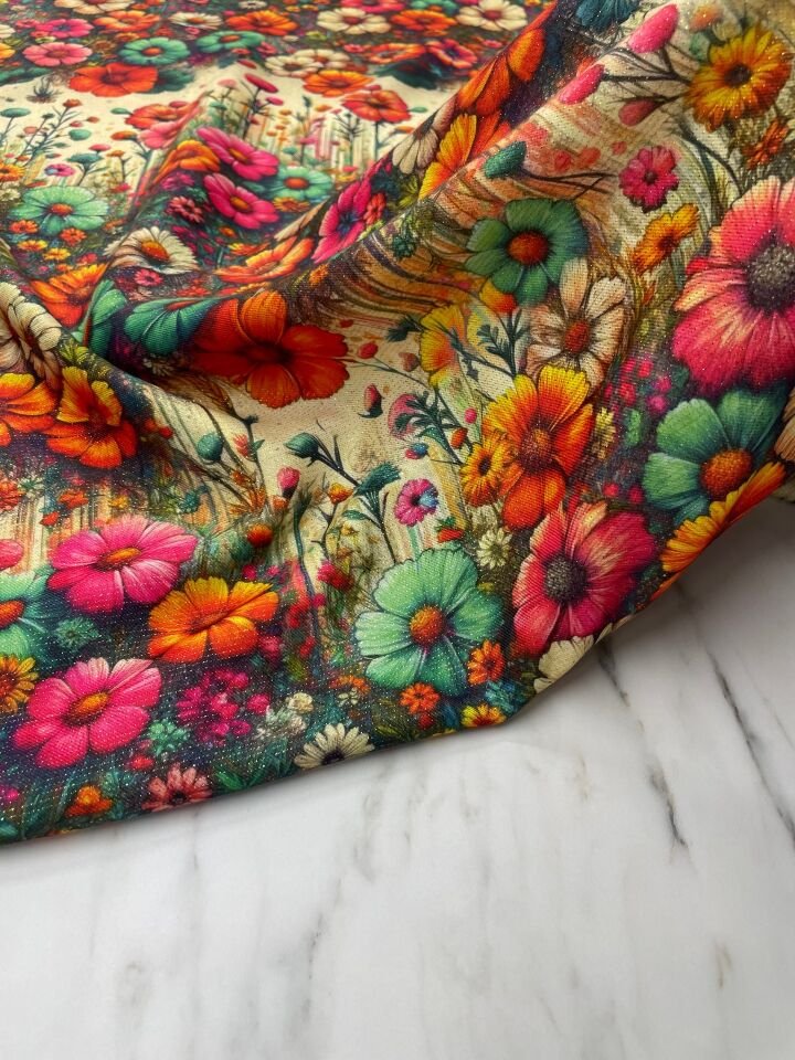 Altın Simli Gülbahçesi Elbiselik Ceketlik Keten Kumaş