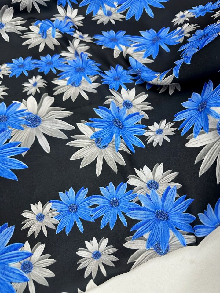Mavi Lilyum Desen Elbiselik Gömleklik Krep Kumaş