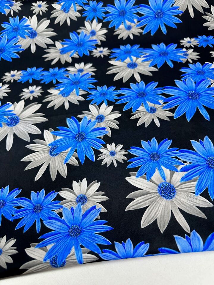 Mavi Lilyum Desen Elbiselik Gömleklik Krep Kumaş