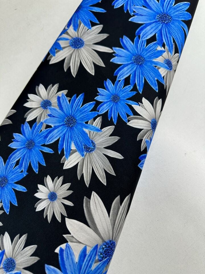 Mavi Lilyum Desen Elbiselik Gömleklik Krep Kumaş