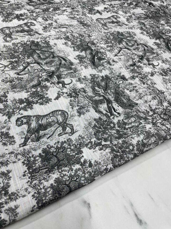 Altın Simli Jaguar Desen Elbiselik Ceketlik Keten Kumaş