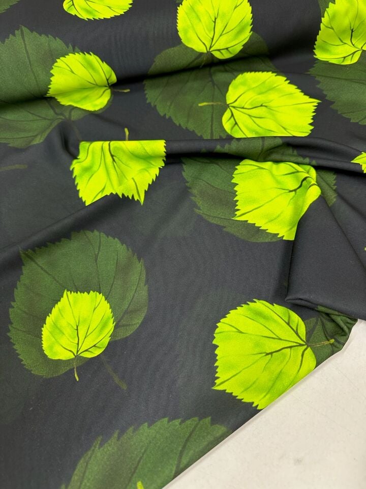 Yeşil Yaprak Desen Elbiselik Gömleklik Krep Kumaş