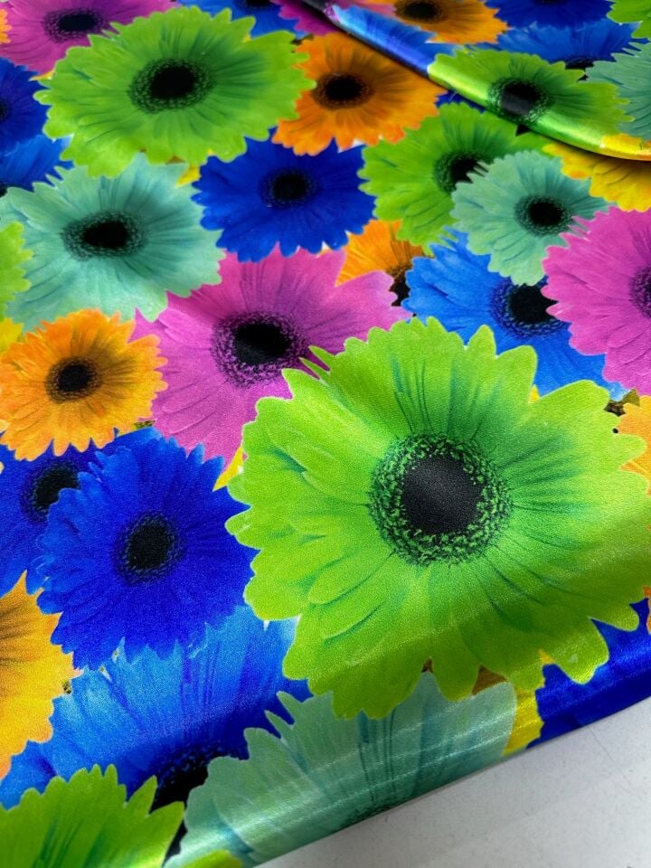 Renkli Ayçiçek Desen Elbiselik Gömleklik Krep Kumaş