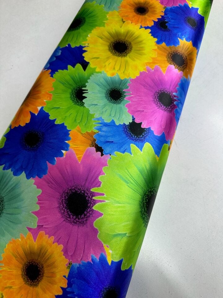 Renkli Ayçiçek Desen Elbiselik Gömleklik Krep Kumaş