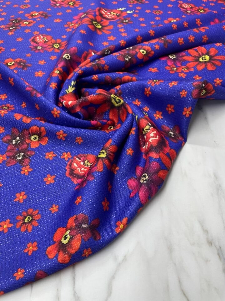 Altın Simli Mor Türkmen Çiçegi Desen Elbiselik Keten Kumaş