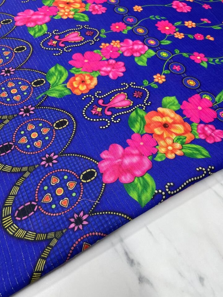 Altın Simli Otantik Desen Elbiselik Keten Kumaş