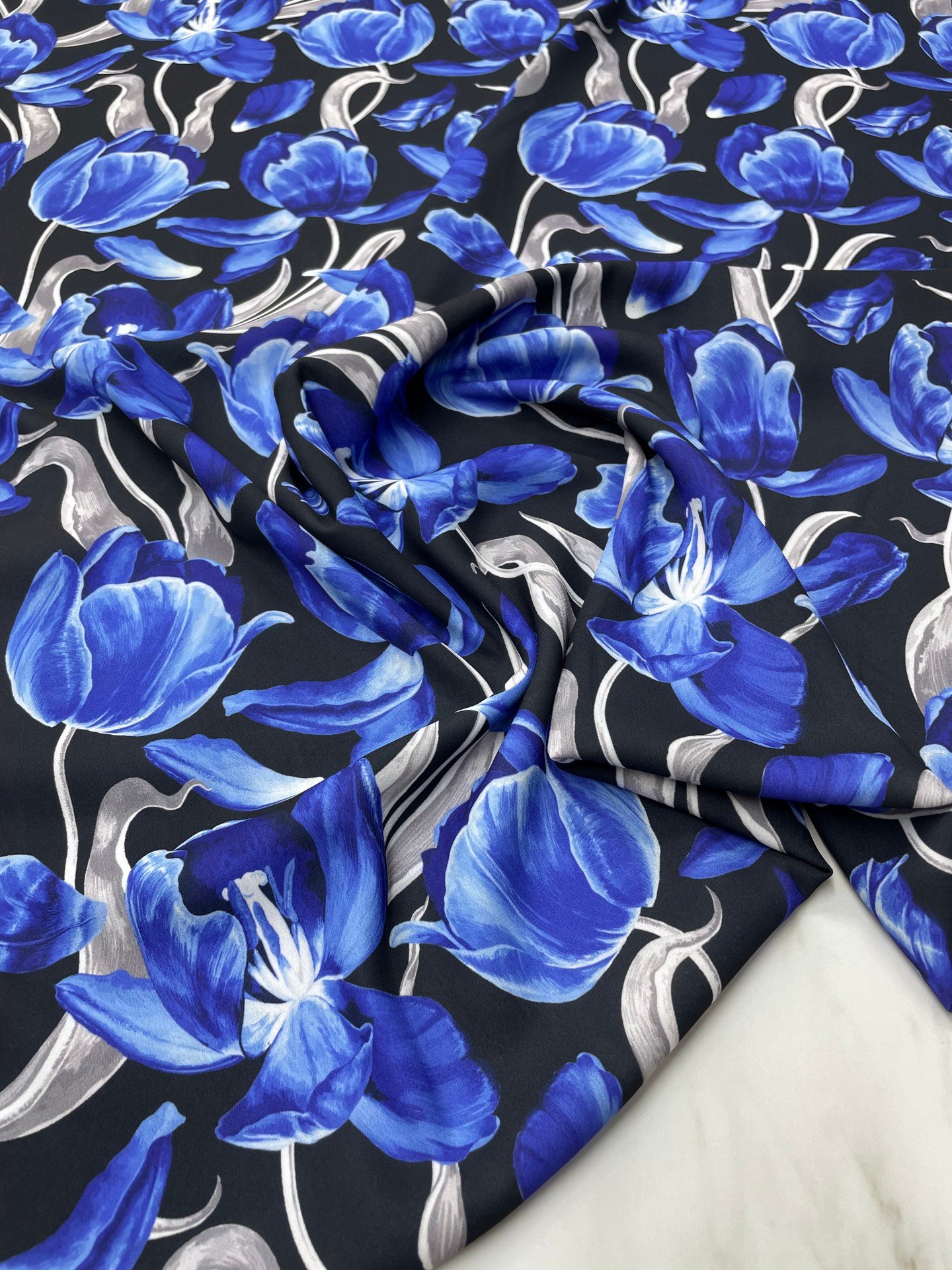 Mavi Çİçek Desen Elbiselik Gömleklik Krep Kumaş