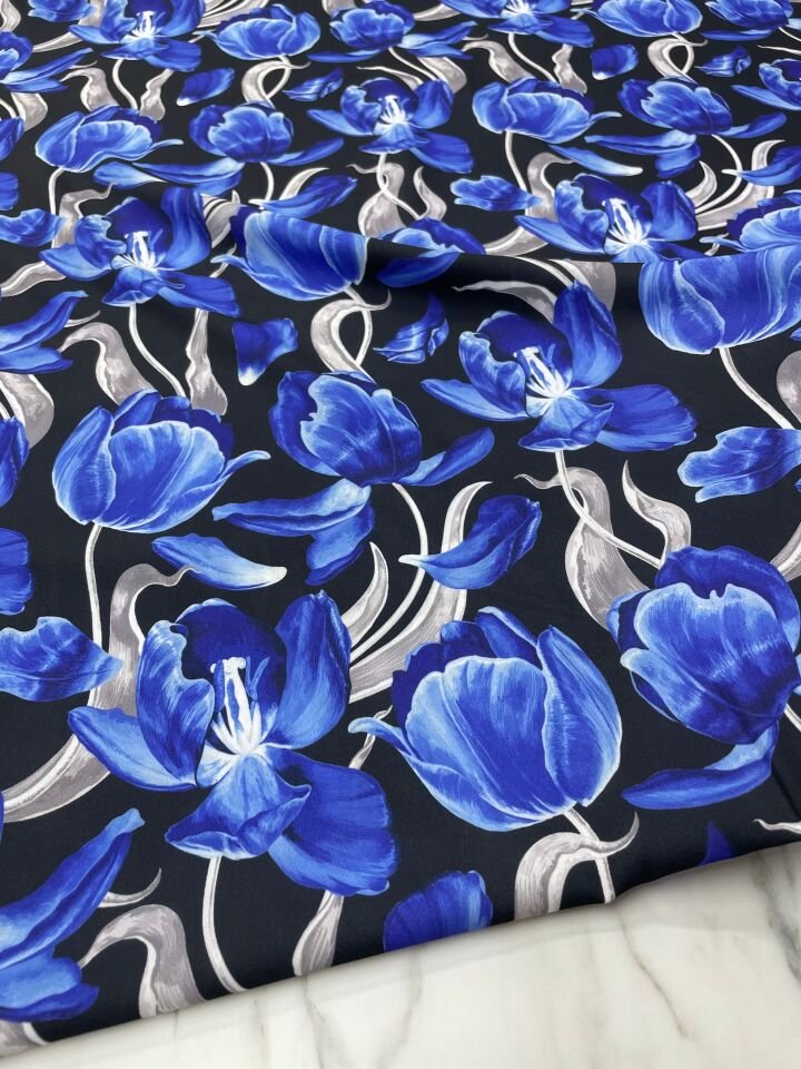 Mavi Çİçek Desen Elbiselik Gömleklik Krep Kumaş