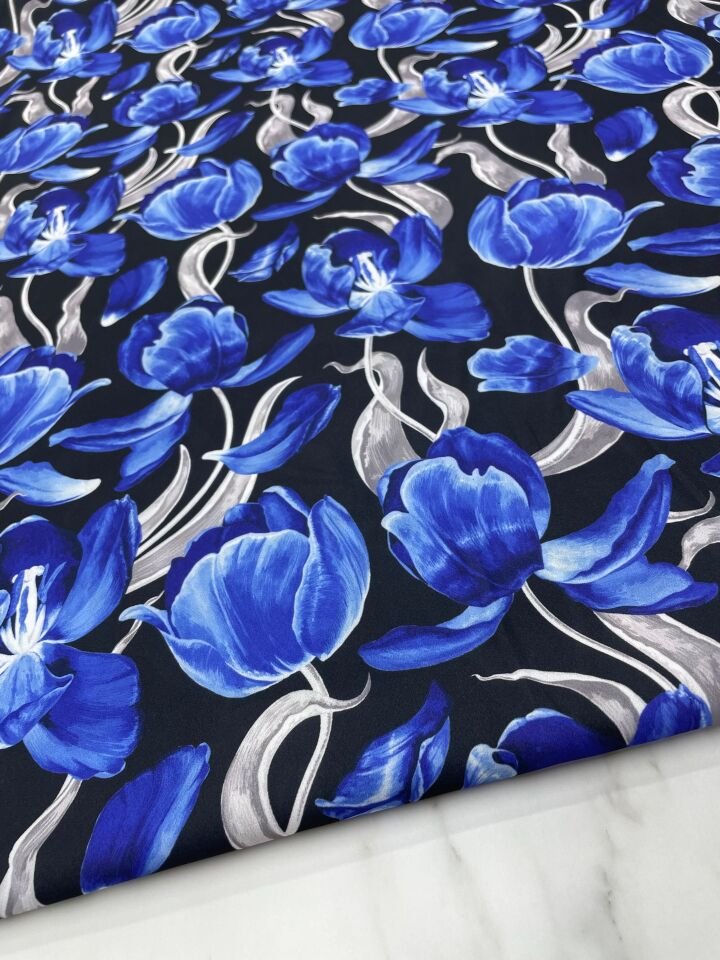 Mavi Çİçek Desen Elbiselik Gömleklik Krep Kumaş