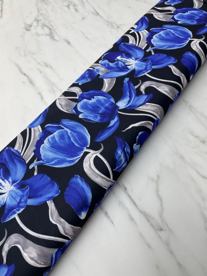 Mavi Çİçek Desen Elbiselik Gömleklik Krep Kumaş