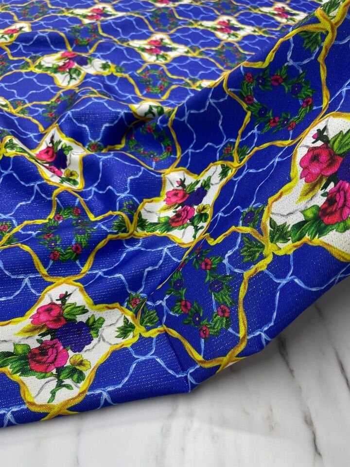 Altın Simli Vildan Çiçegi Elbiselik Keten Kumaş