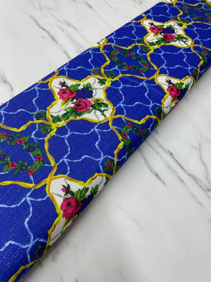 Altın Simli Vildan Çiçegi Elbiselik Keten Kumaş