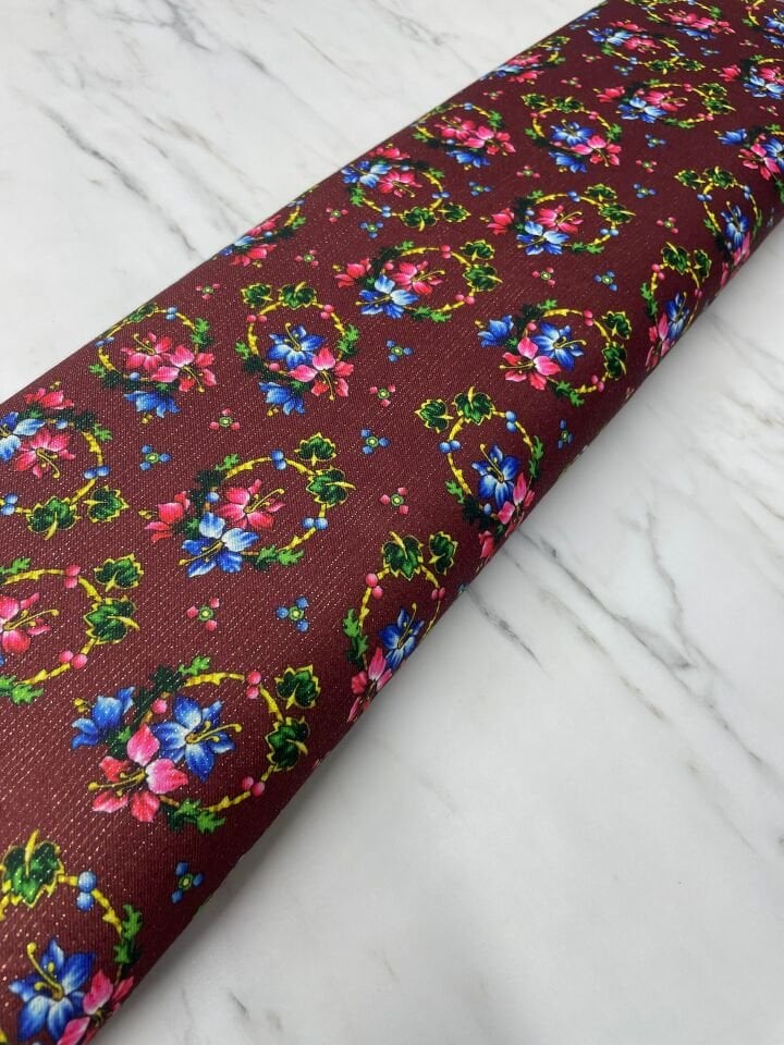 Altın Simli Türmen Gülü Desen Elbiselik Keten Kumaş