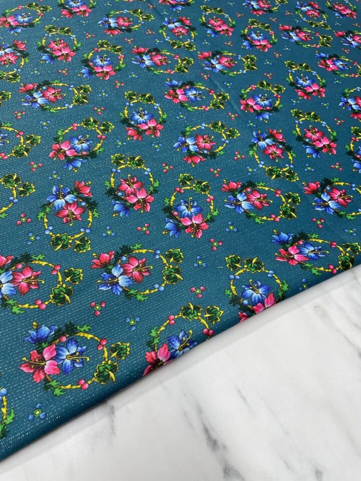 Altın Simli Türkmen Gülü Elbiselik Keten Kumaş