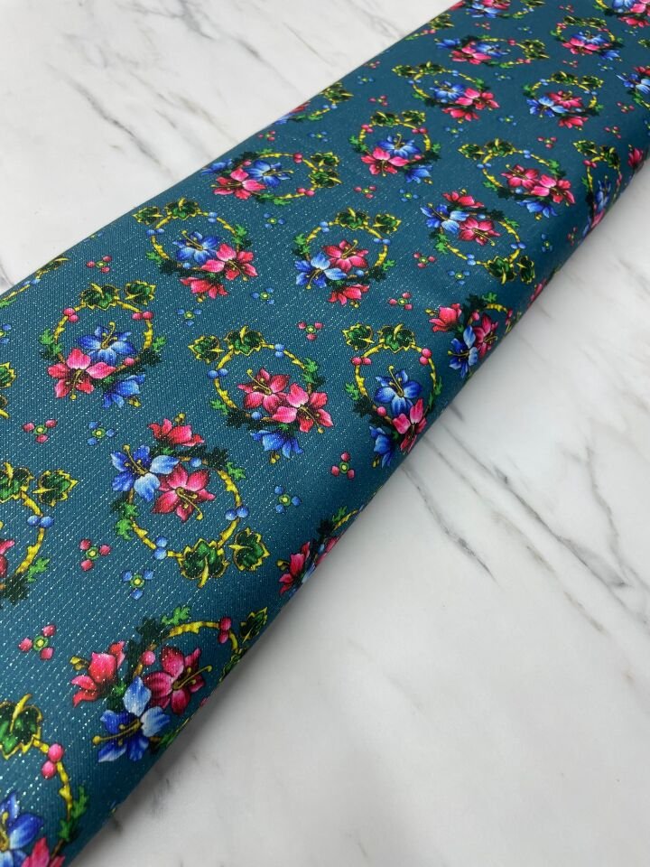 Altın Simli Türkmen Gülü Elbiselik Keten Kumaş