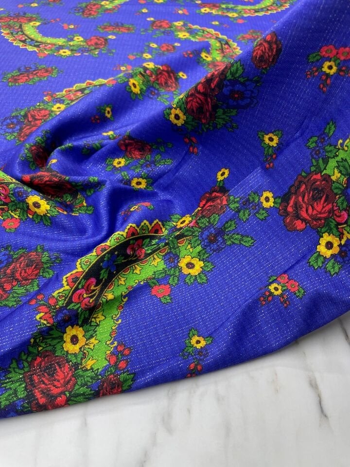 Altın Simli Türkmen Motif Elbiselik Keten Kumaş