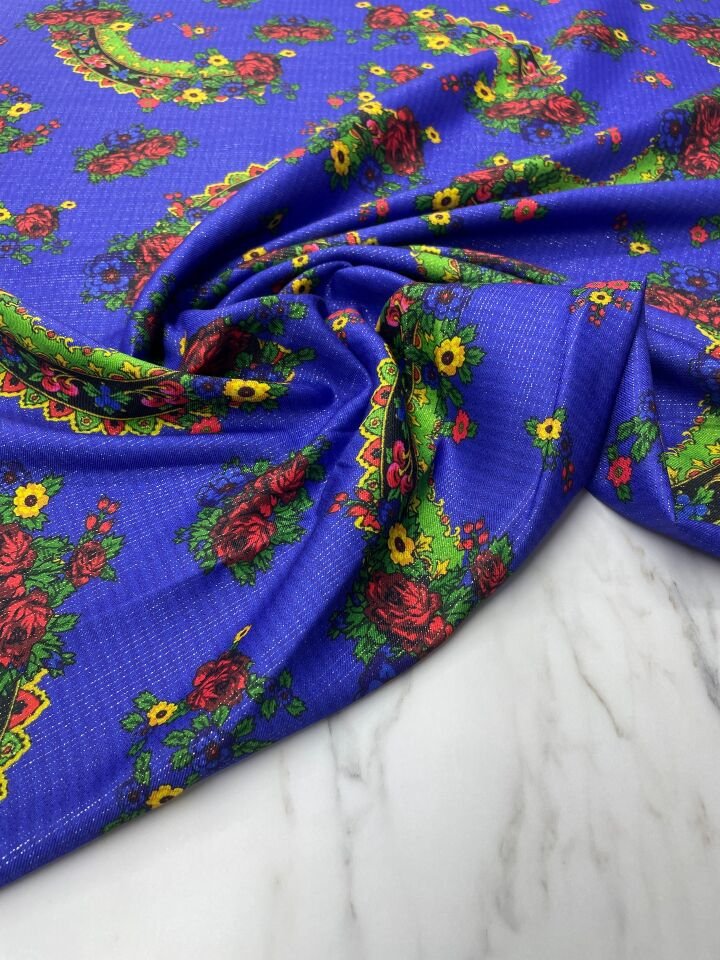 Altın Simli Türkmen Motif Elbiselik Keten Kumaş