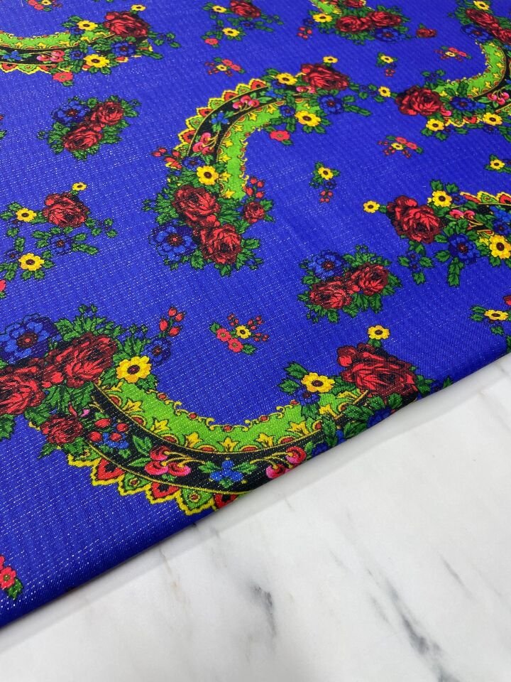 Altın Simli Türkmen Motif Elbiselik Keten Kumaş