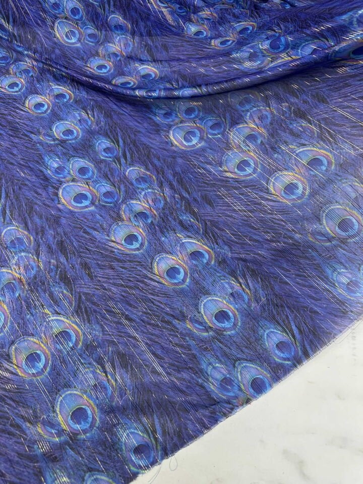 Tavus Kuşu Desen Simli Şifon Yumuşak Dökümlü