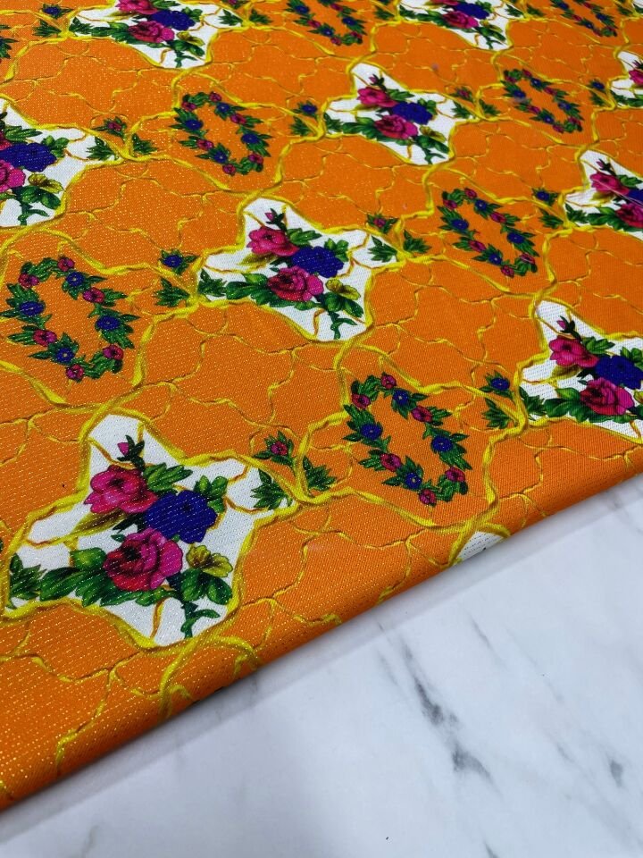 Altın Simli Vildan Çiçegi Desen Elbiselik Keten Kumaş